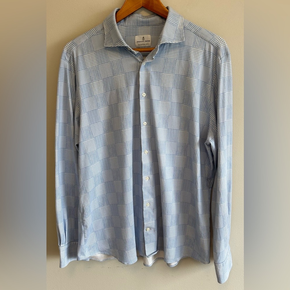 Emanuel Berg Baby Blue Modern Fit 4Flex Stretch Button Shirt Houndstooth Print
